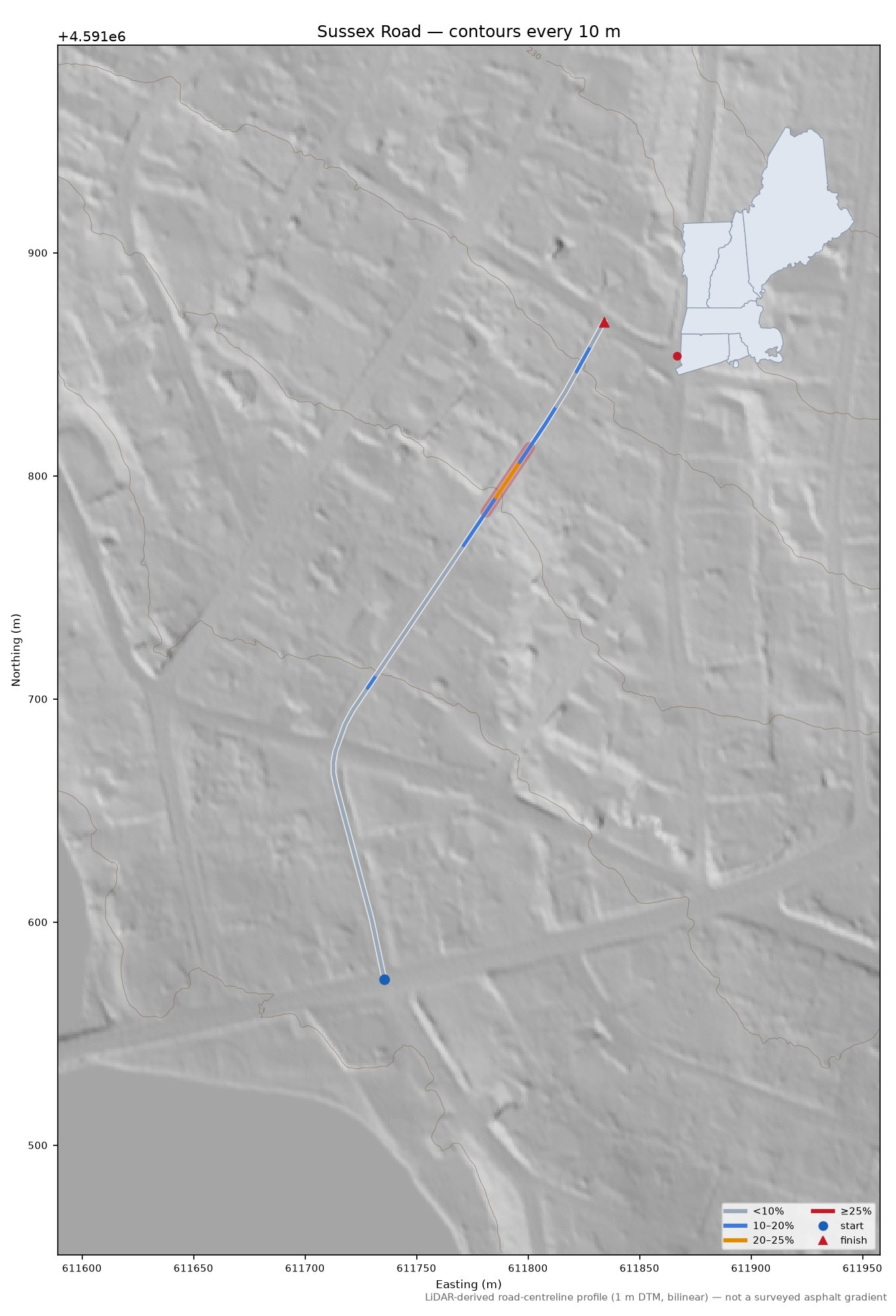 Sussex Road LiDAR hillshade map with contours
