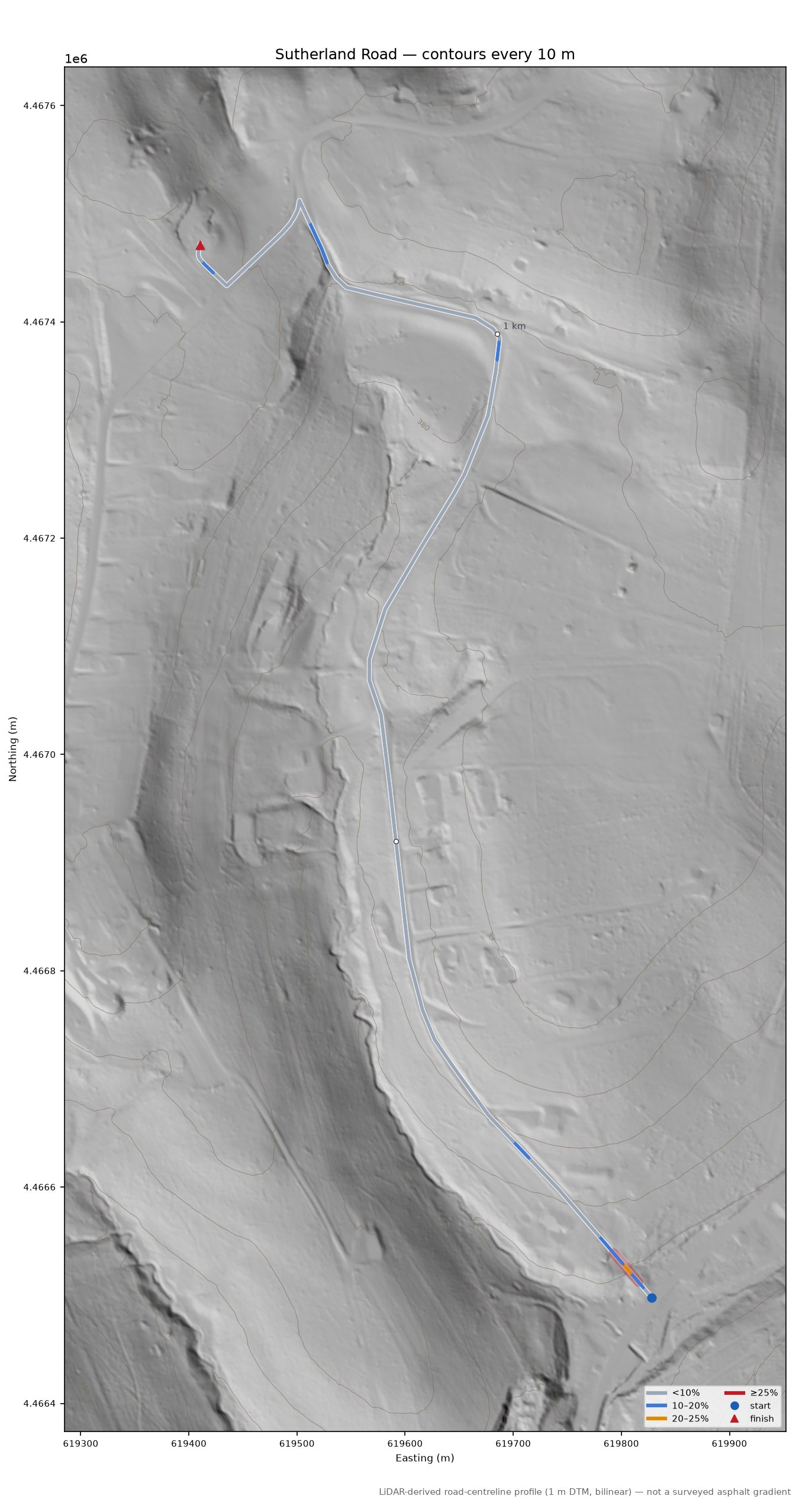 Sutherland Road LiDAR hillshade map with contours