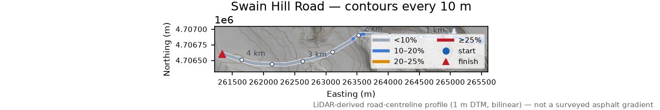 Swain Hill Road LiDAR hillshade map with contours