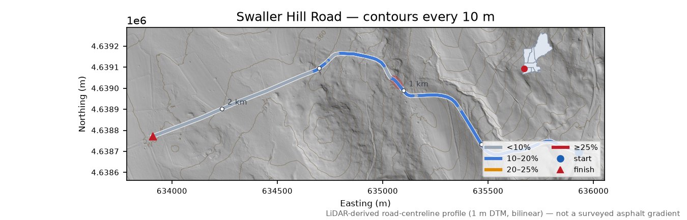 Swaller Hill Road LiDAR hillshade map with contours