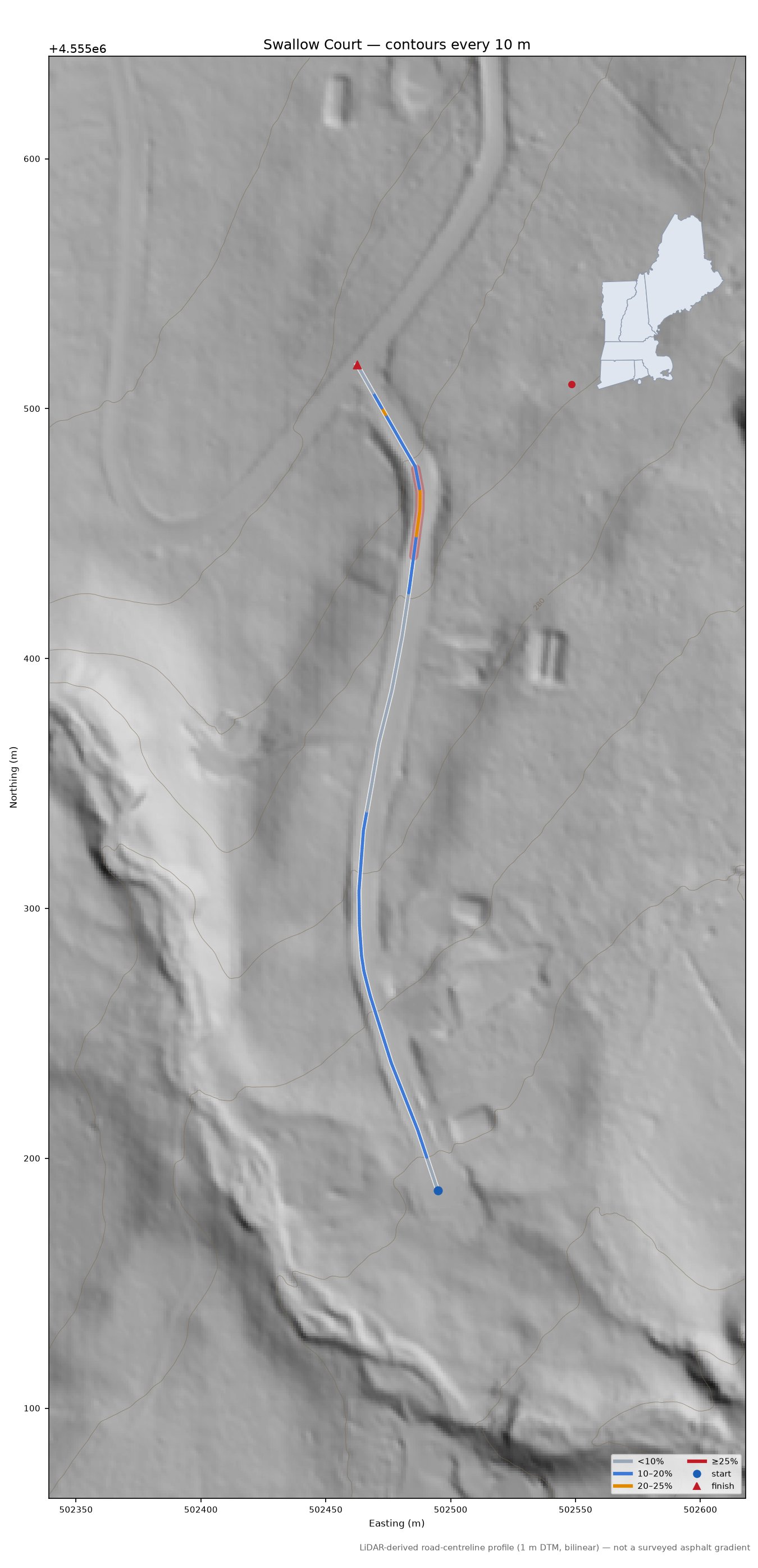 Swallow Court LiDAR hillshade map with contours