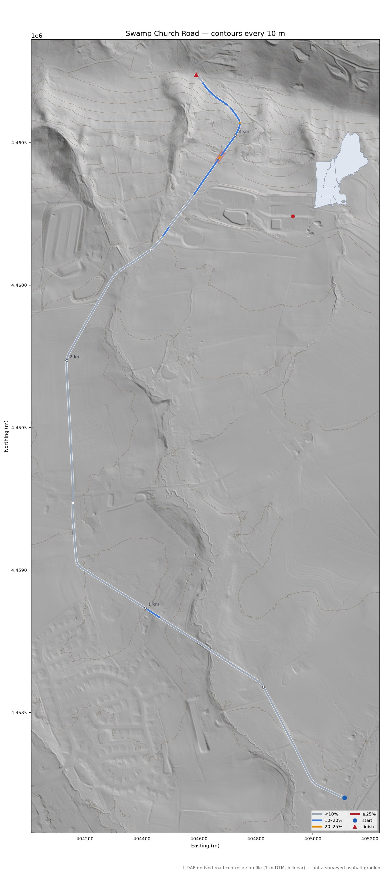 Swamp Church Road LiDAR hillshade map with contours