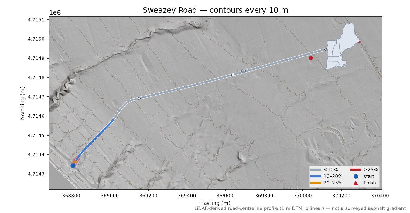 Sweazey Road LiDAR hillshade map with contours