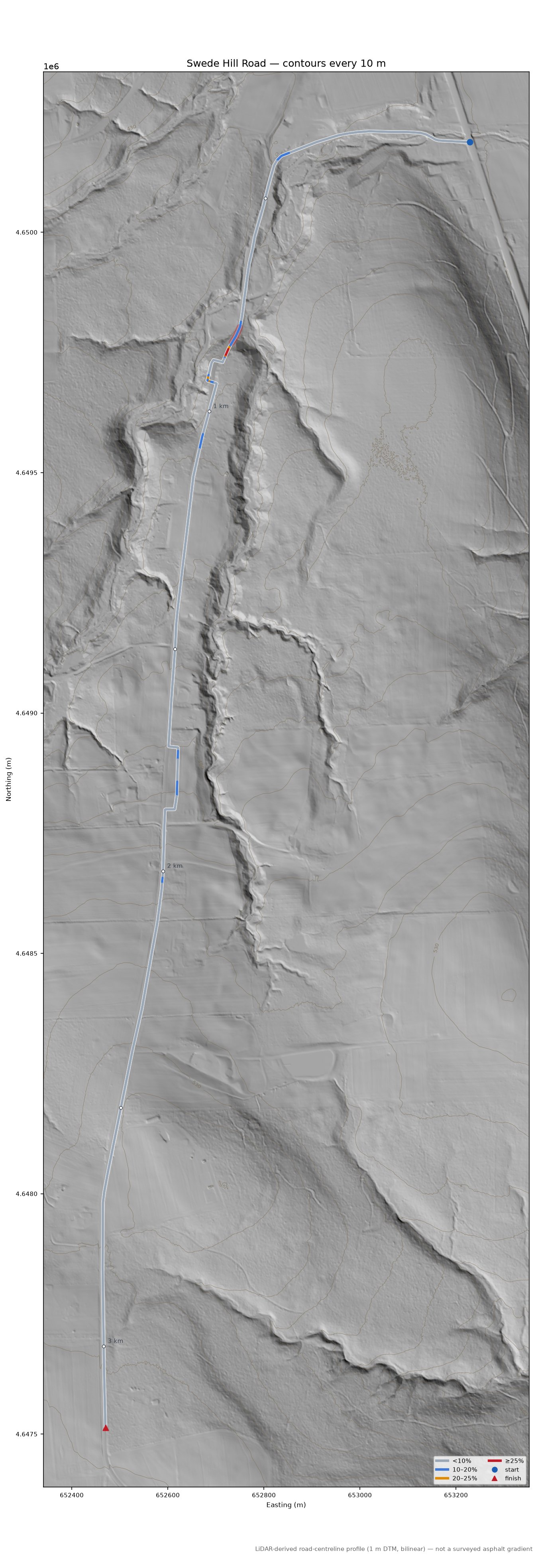 Swede Hill Road LiDAR hillshade map with contours