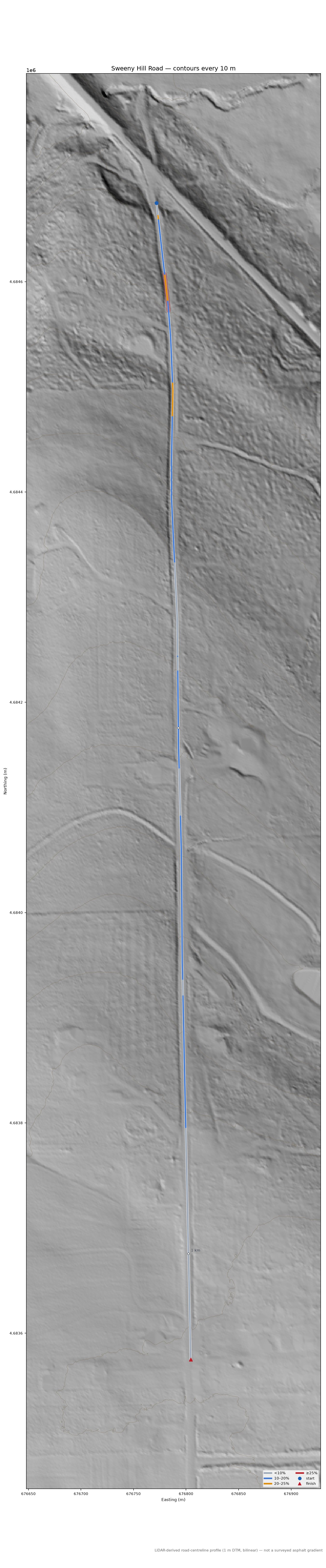 Sweeny Hill Road LiDAR hillshade map with contours