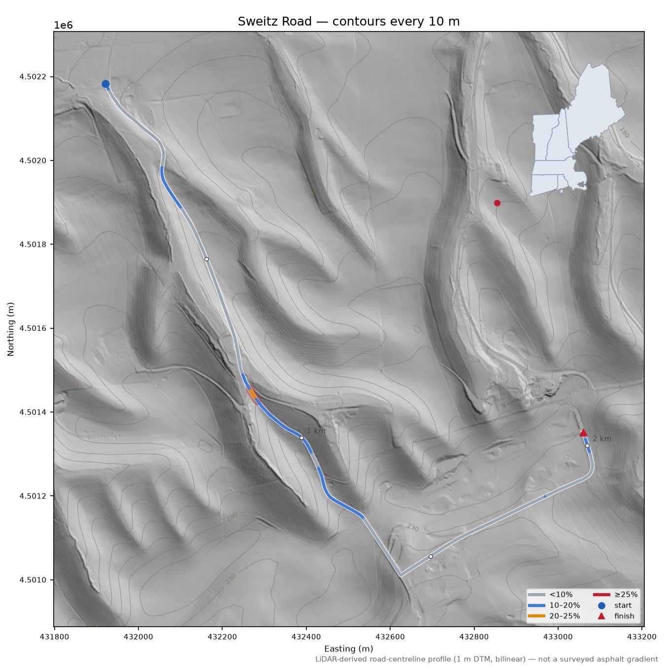 Sweitz Road LiDAR hillshade map with contours