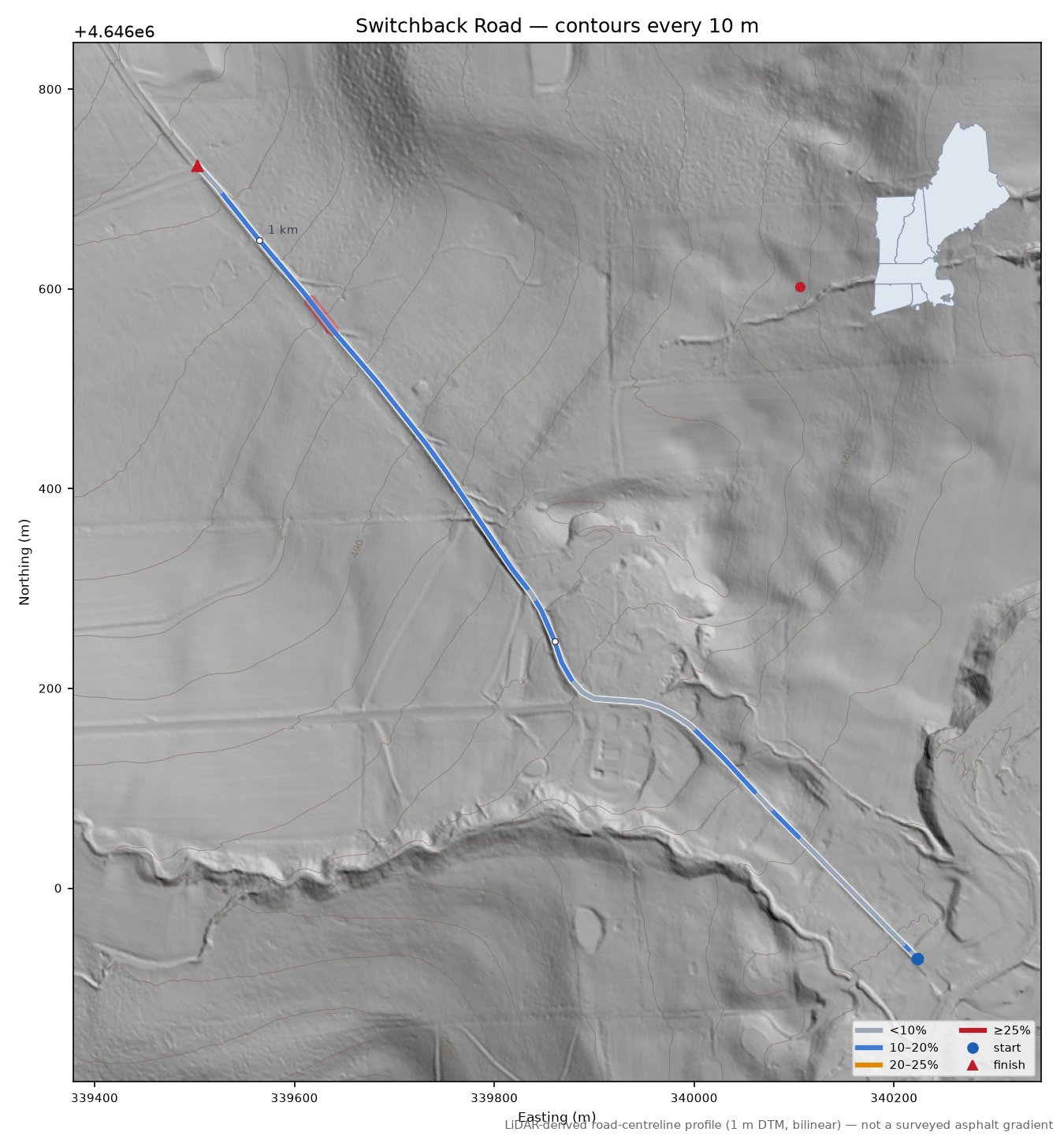 Switchback Road LiDAR hillshade map with contours