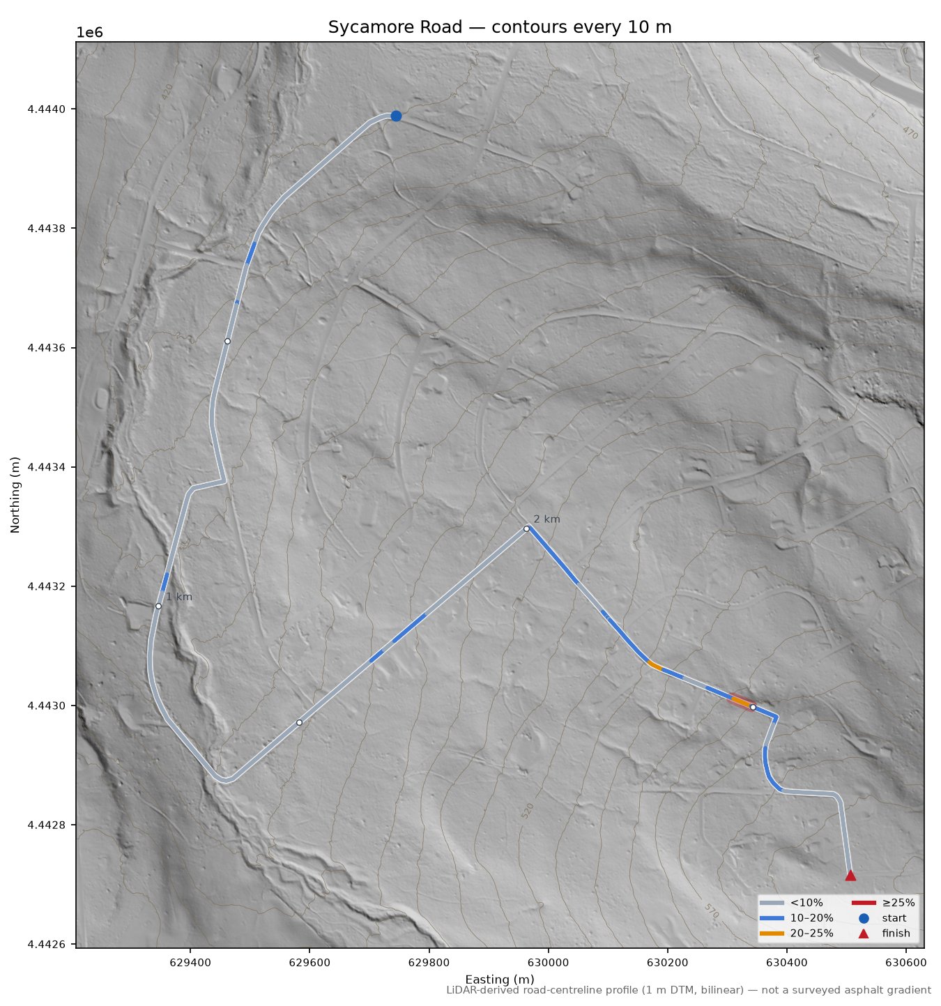Sycamore Road LiDAR hillshade map with contours