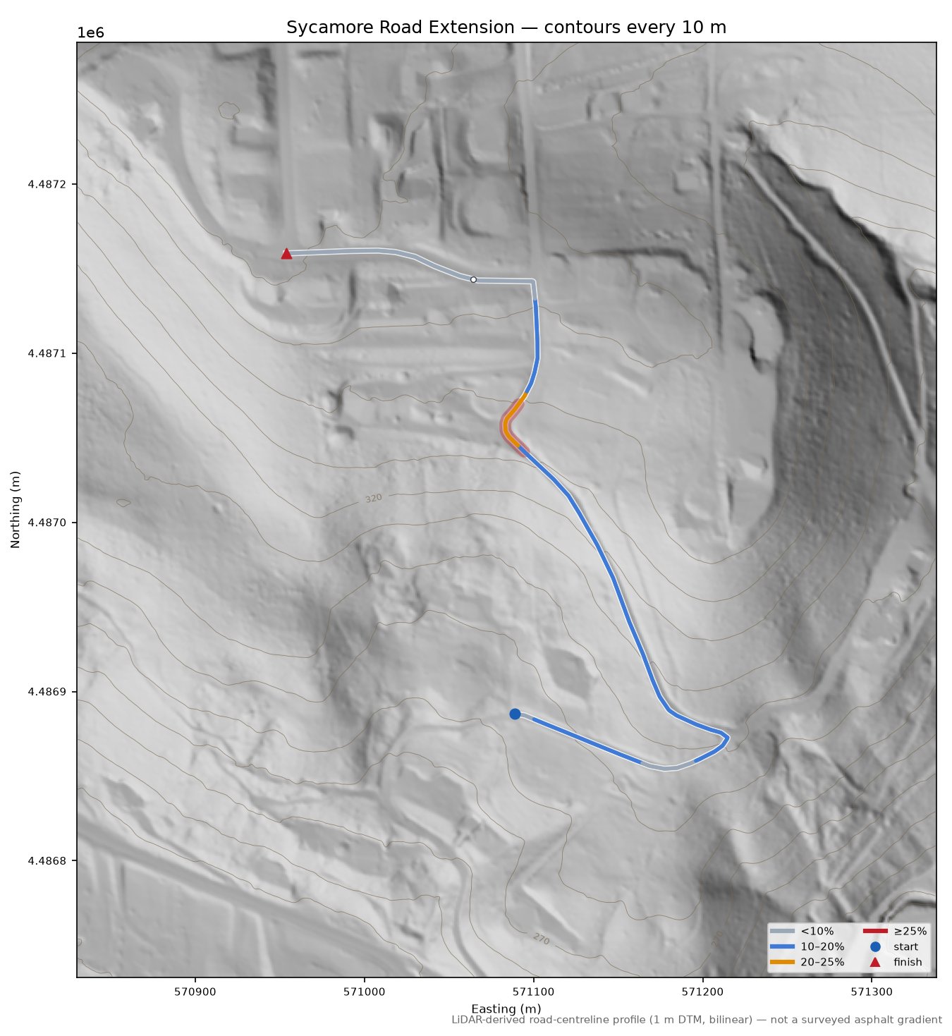 Sycamore Road Extension LiDAR hillshade map with contours