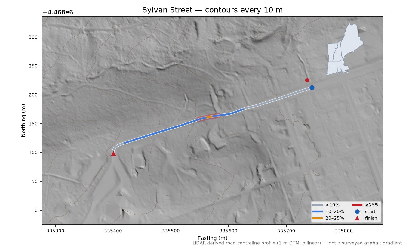 Sylvan Street LiDAR hillshade map with contours