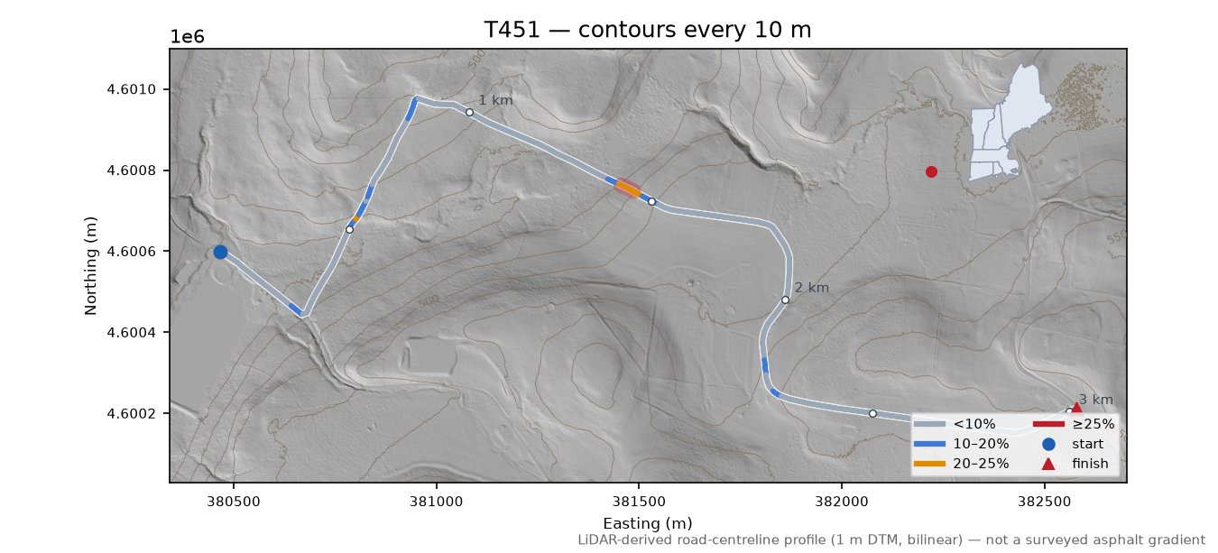 T451 LiDAR hillshade map with contours