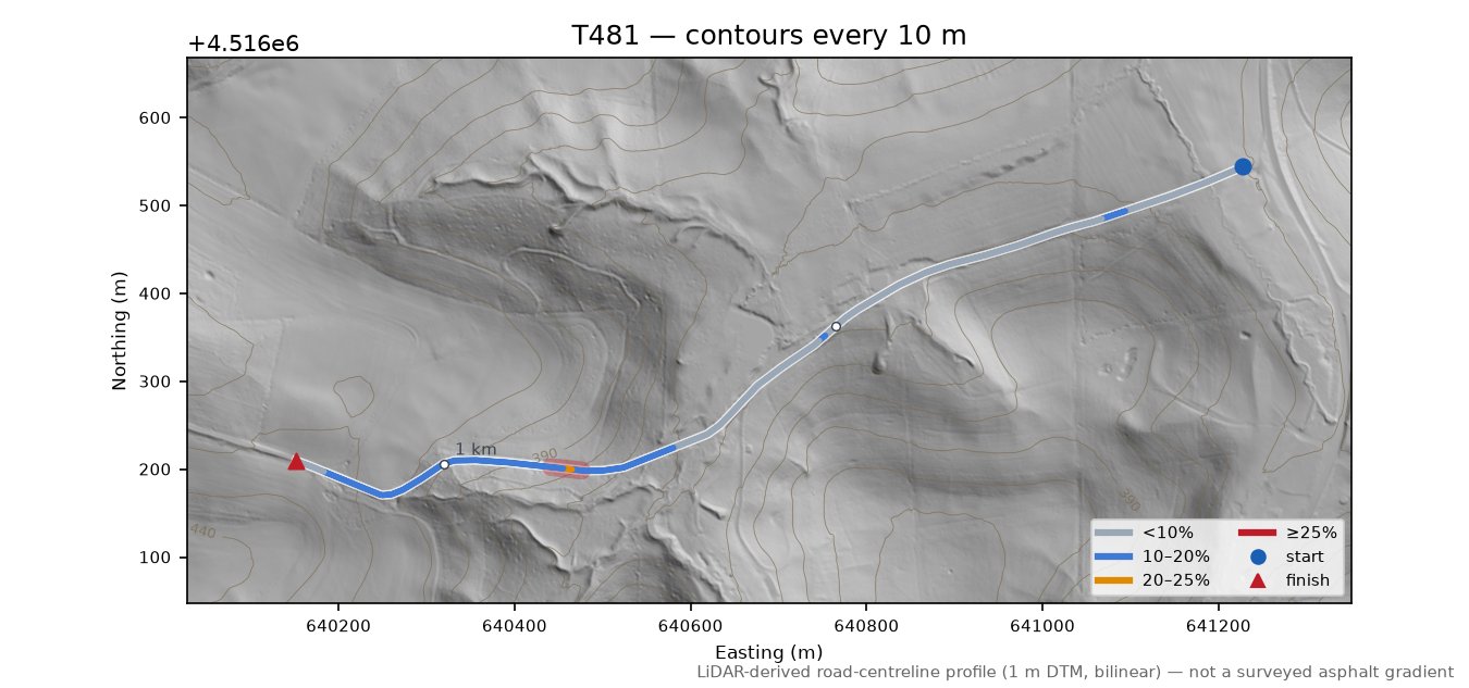 T481 LiDAR hillshade map with contours