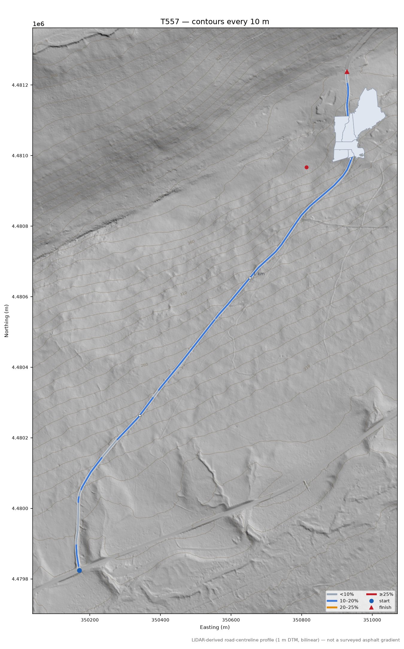 T557 LiDAR hillshade map with contours