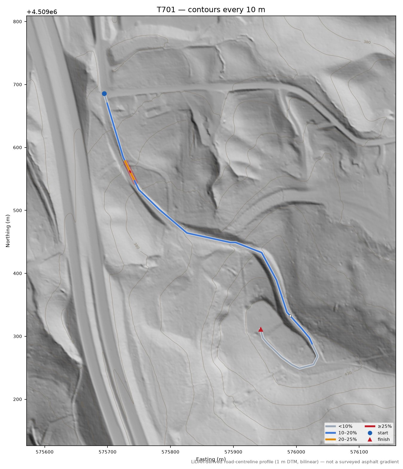 T701 LiDAR hillshade map with contours
