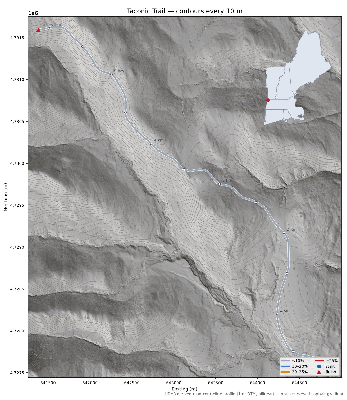 Taconic Trail LiDAR hillshade map with contours