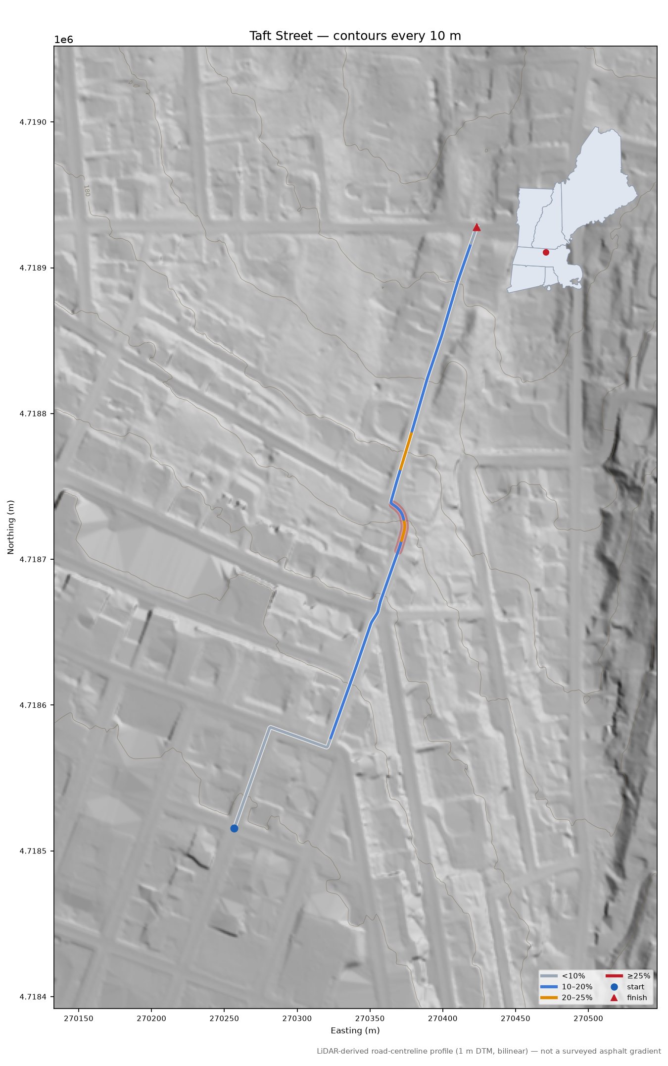 Taft Street LiDAR hillshade map with contours