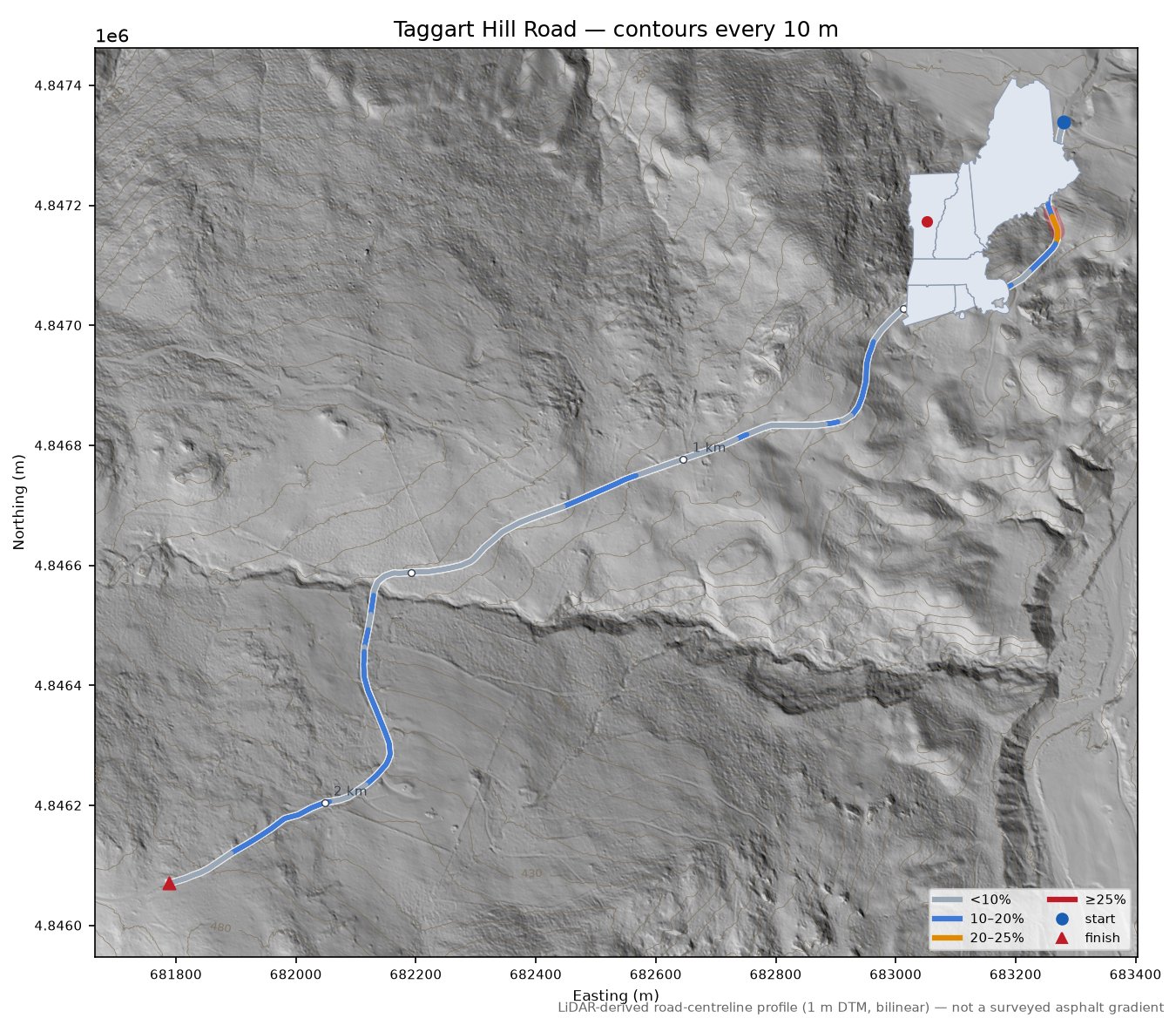 Taggart Hill Road LiDAR hillshade map with contours