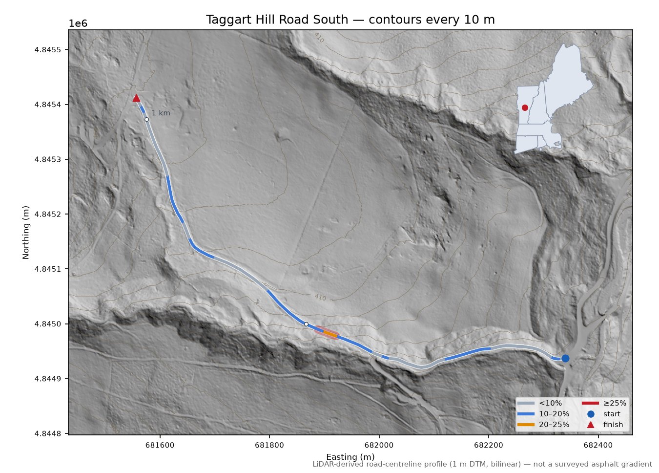 Taggart Hill Road South LiDAR hillshade map with contours