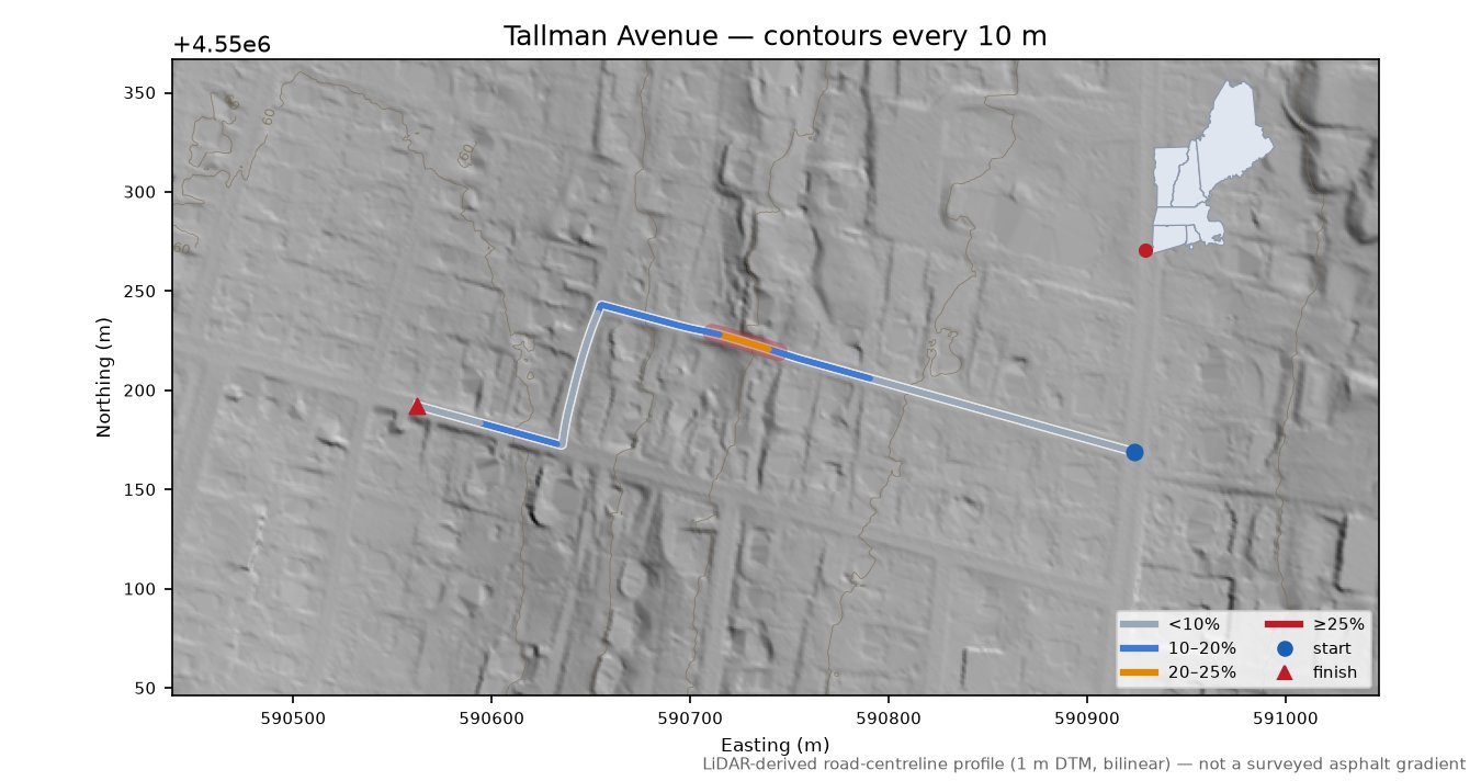Tallman Avenue LiDAR hillshade map with contours