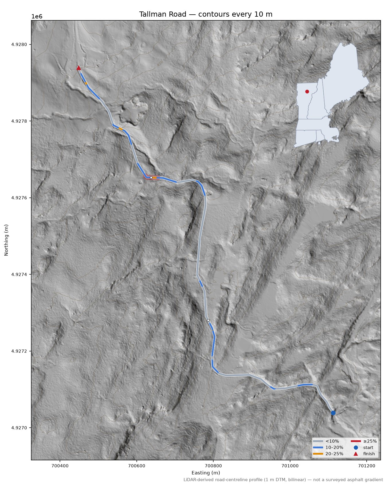 Tallman Road LiDAR hillshade map with contours