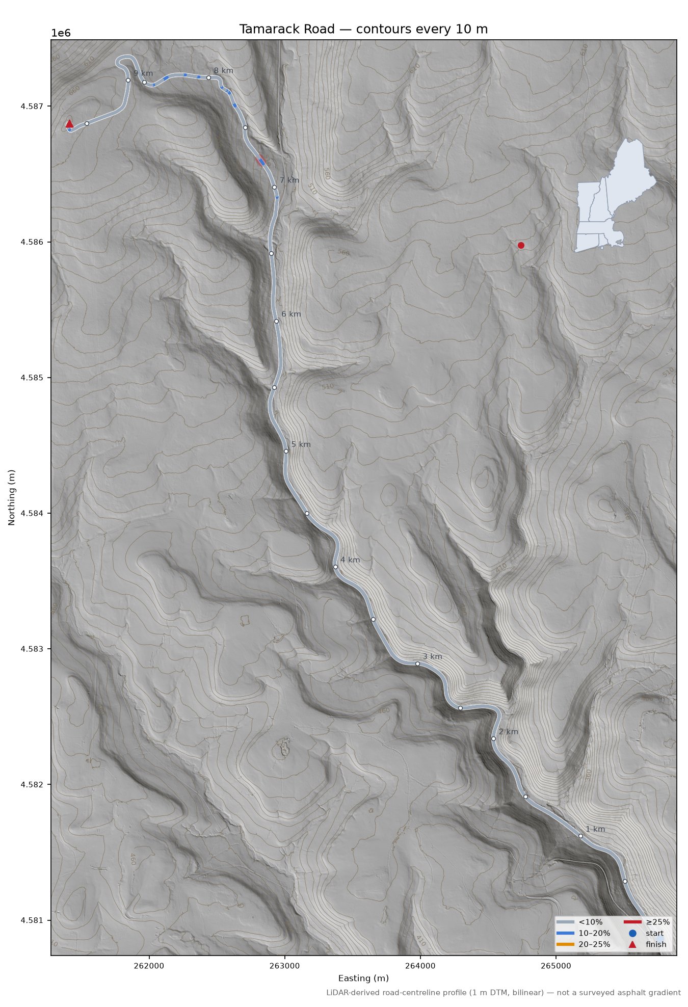 Tamarack Road LiDAR hillshade map with contours
