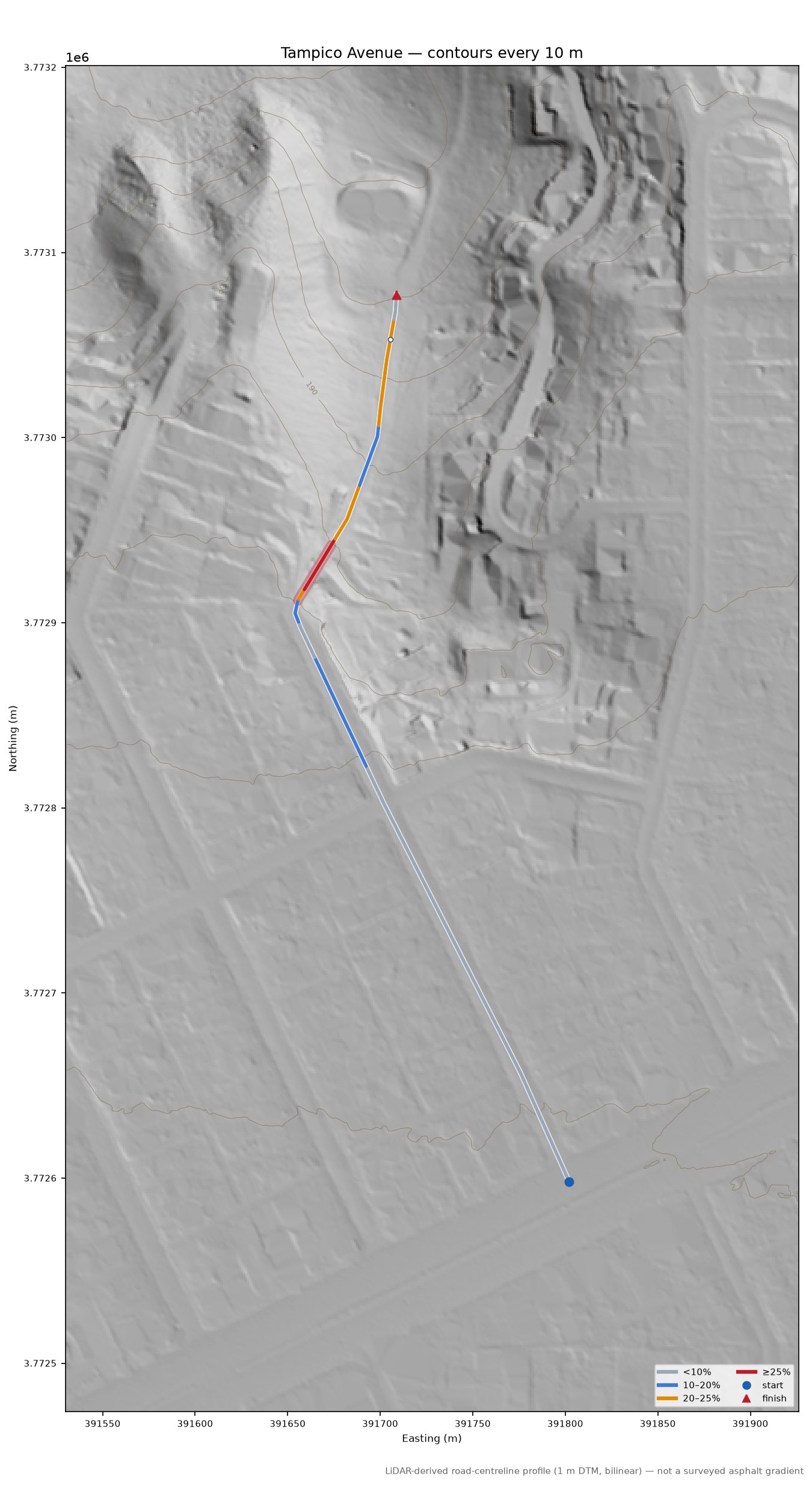 Tampico Avenue LiDAR hillshade map with contours