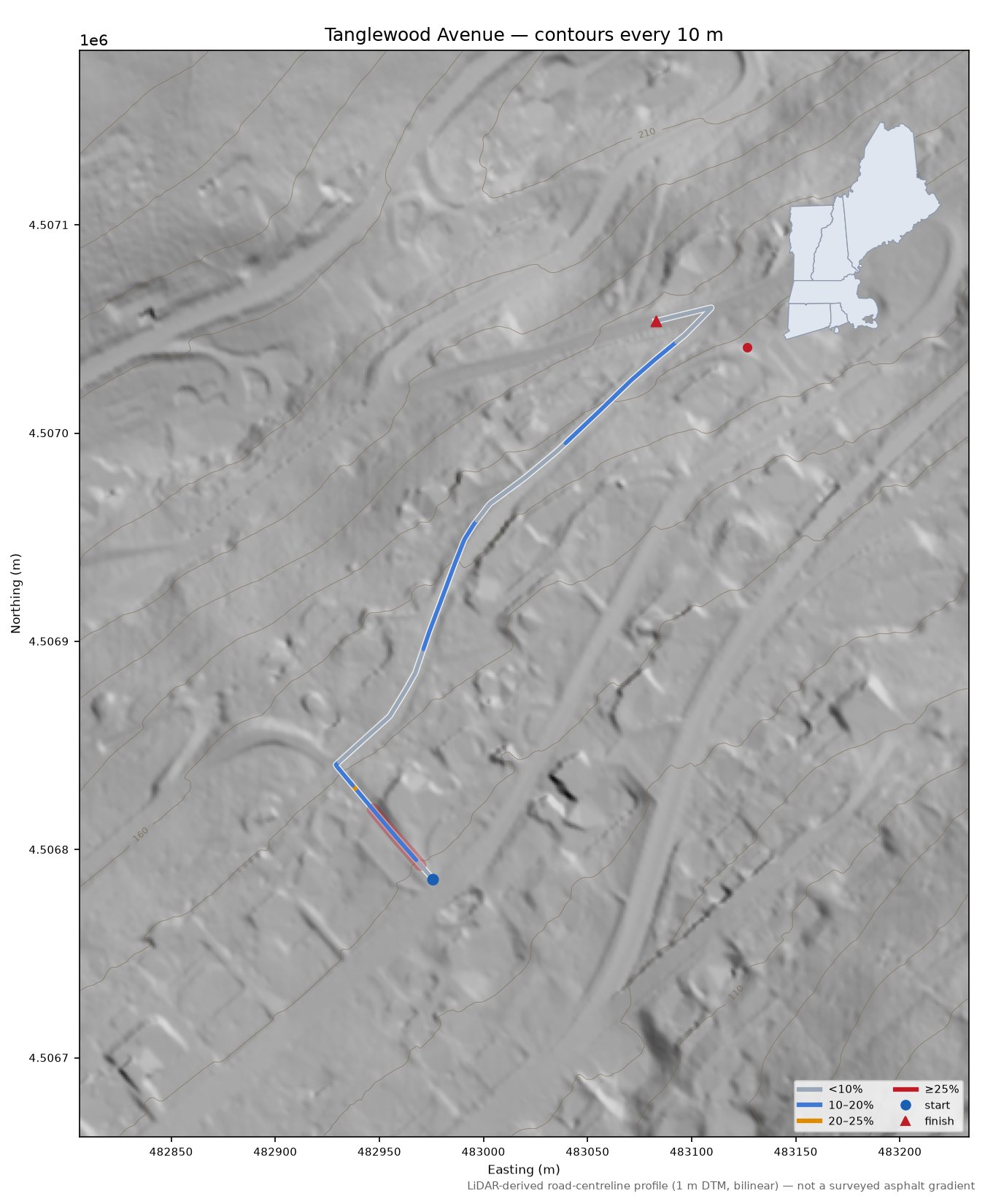 Tanglewood Avenue LiDAR hillshade map with contours