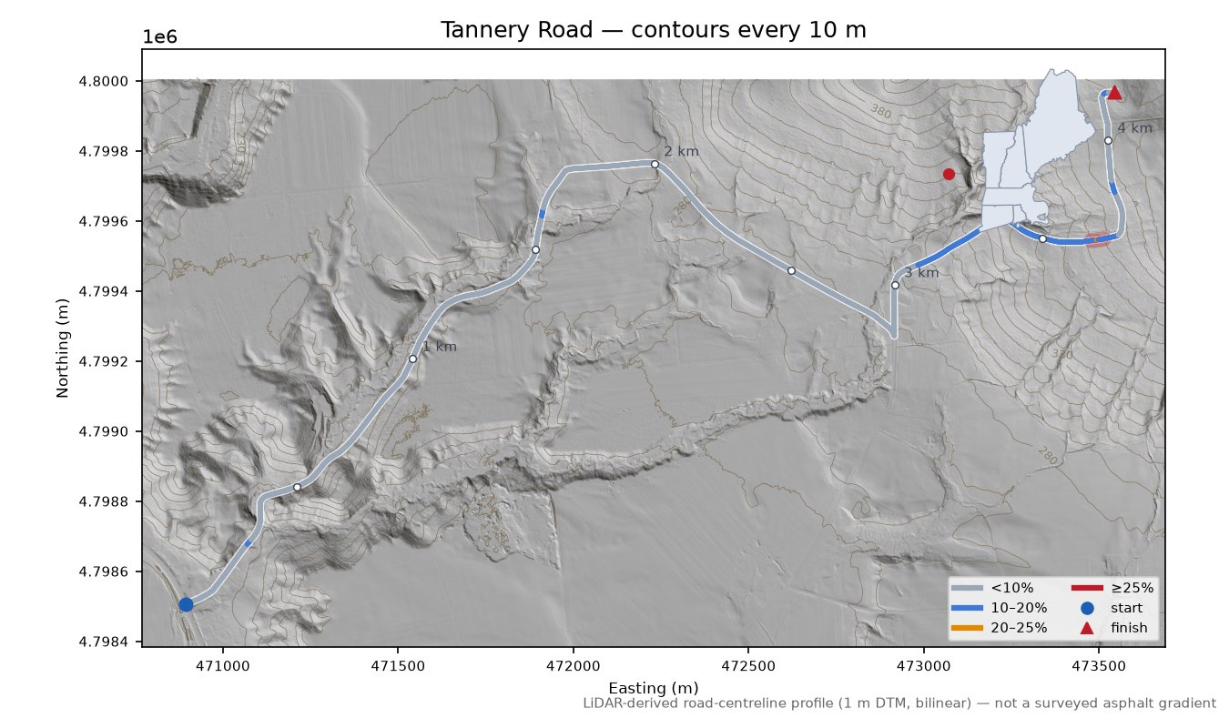 Tannery Road LiDAR hillshade map with contours
