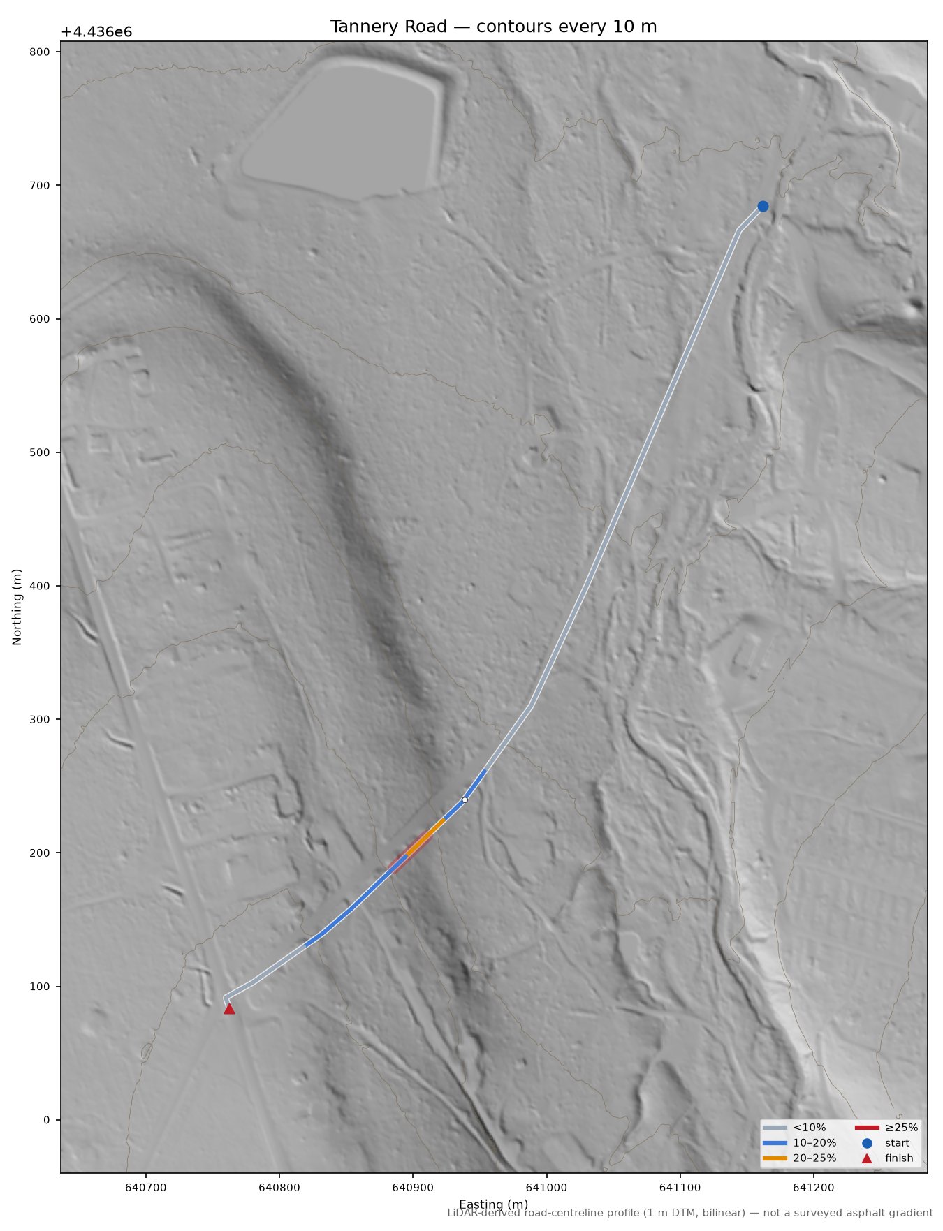 Tannery Road LiDAR hillshade map with contours