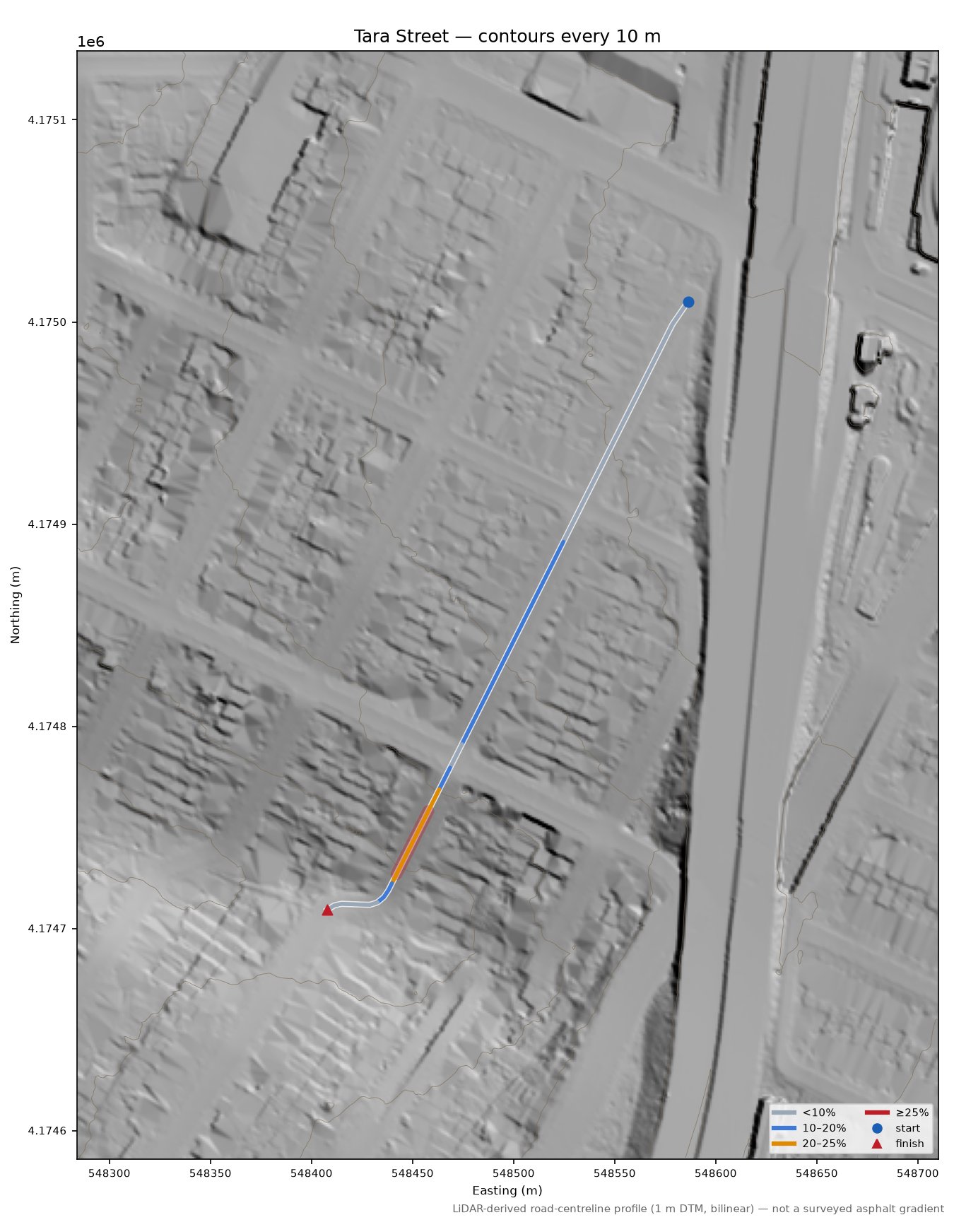 Tara Street LiDAR hillshade map with contours