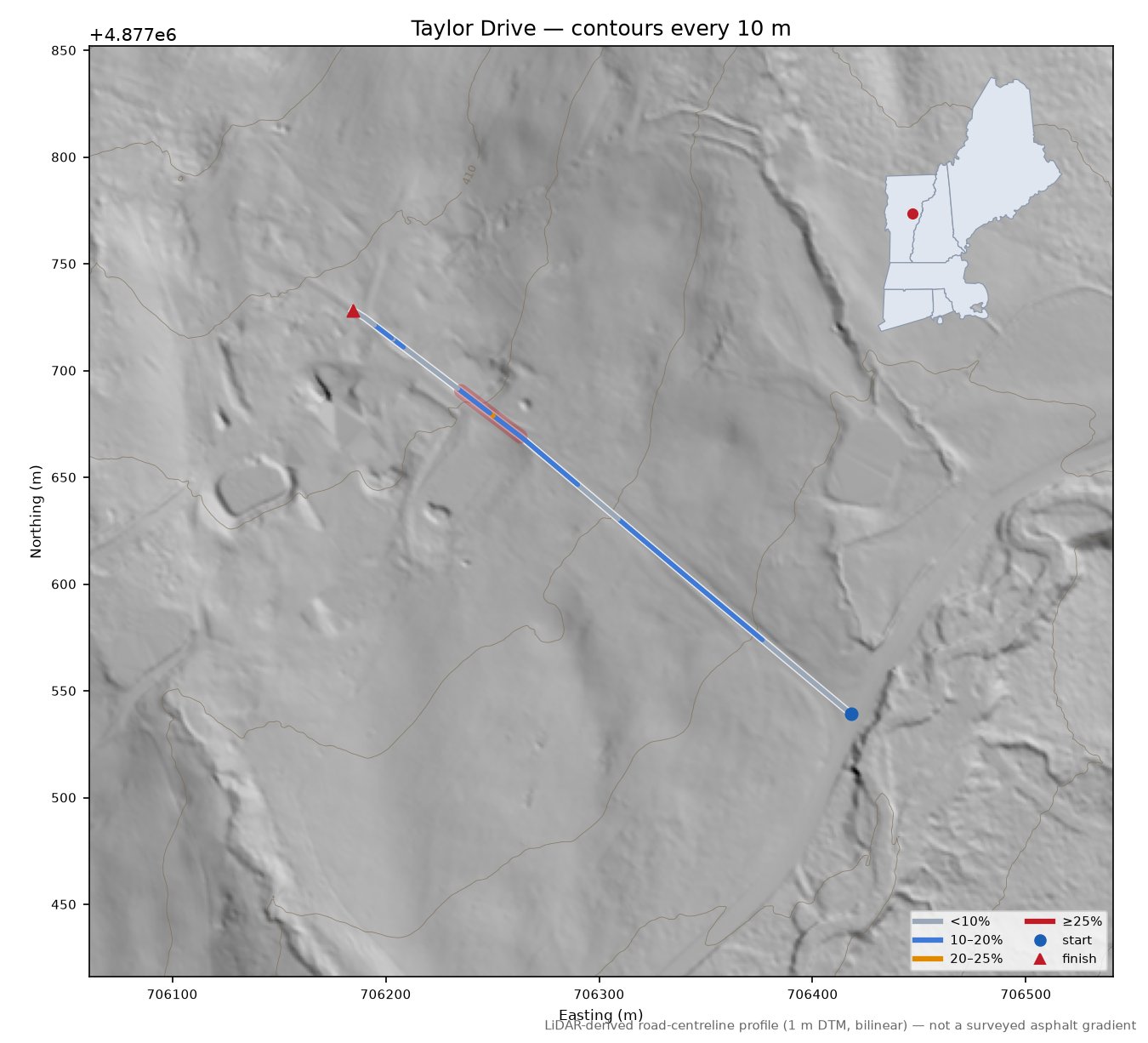 Taylor Drive LiDAR hillshade map with contours
