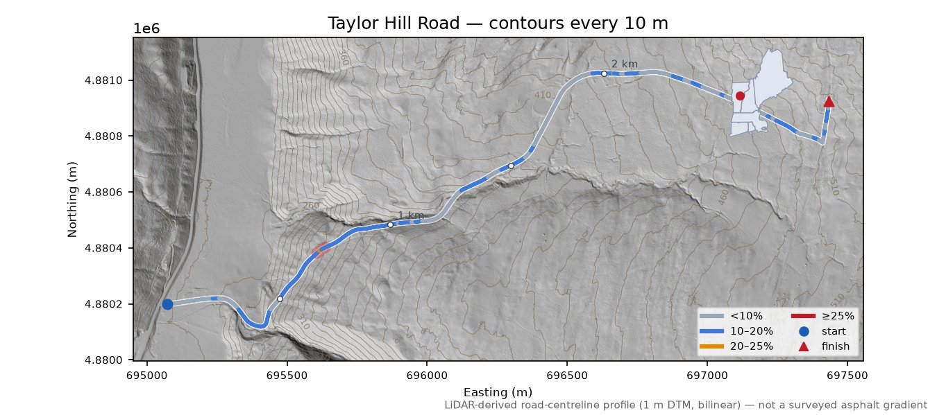 Taylor Hill Road LiDAR hillshade map with contours
