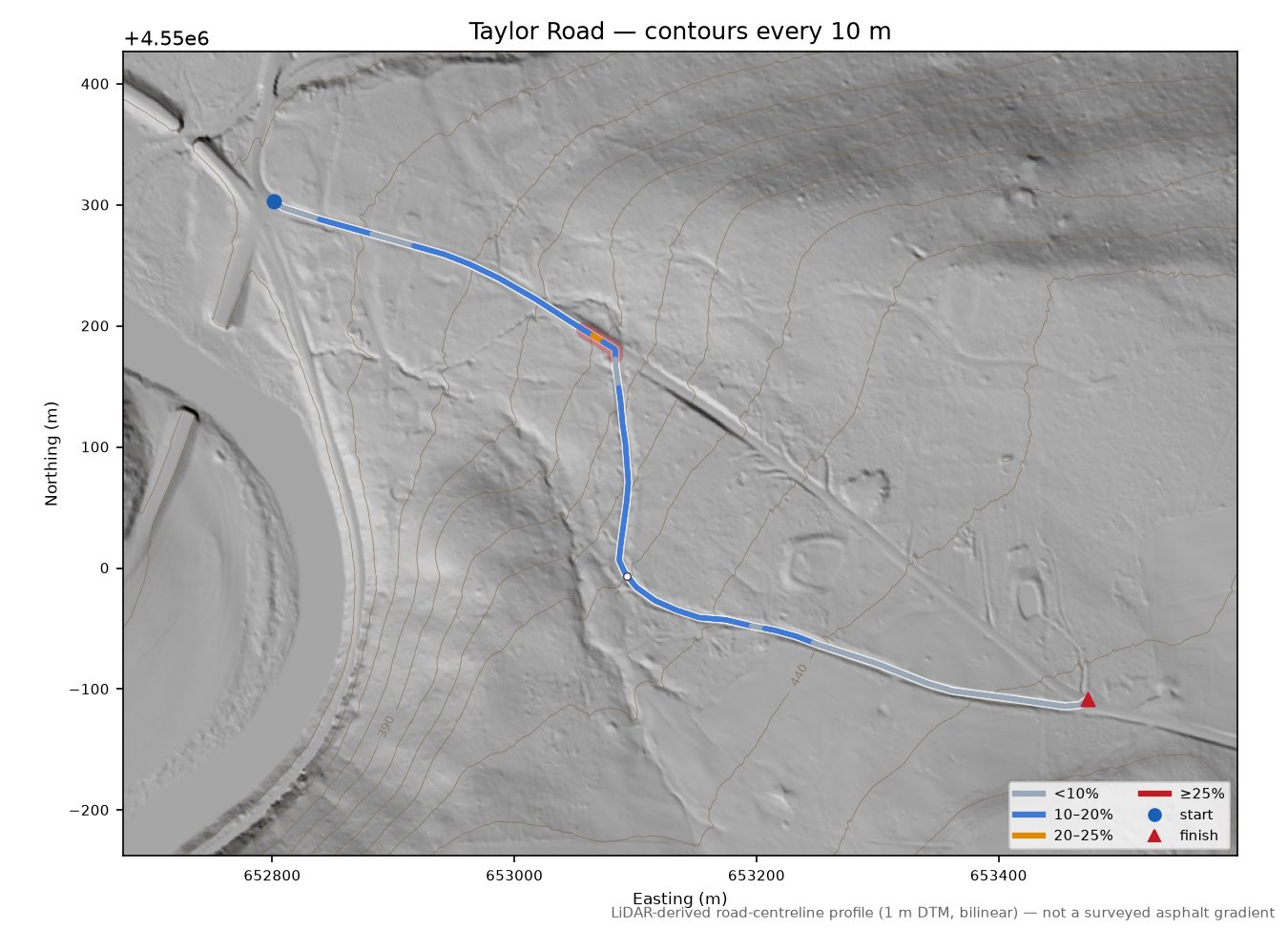 Taylor Road LiDAR hillshade map with contours