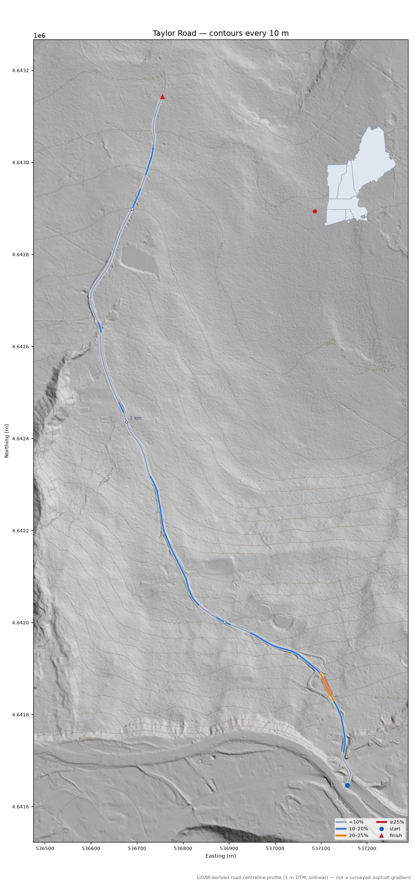 Taylor Road LiDAR hillshade map with contours