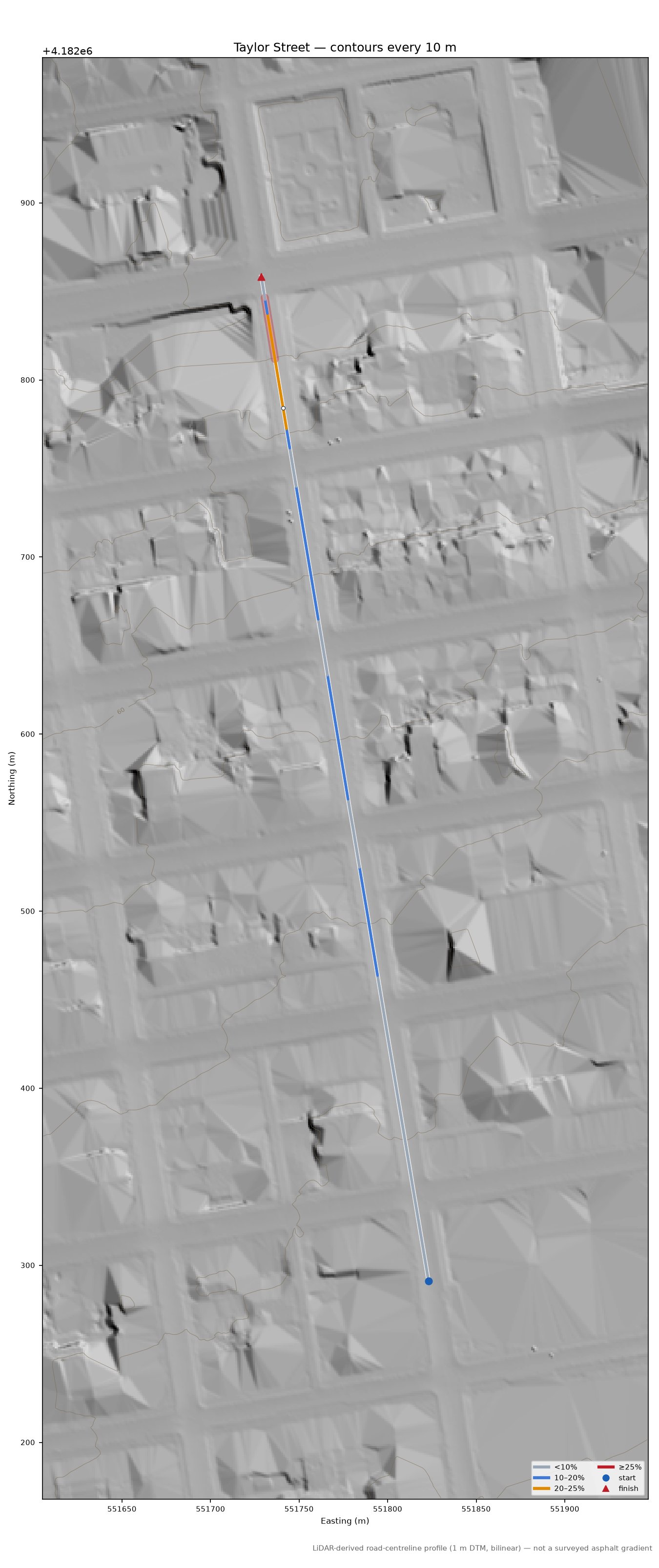 Taylor Street LiDAR hillshade map with contours