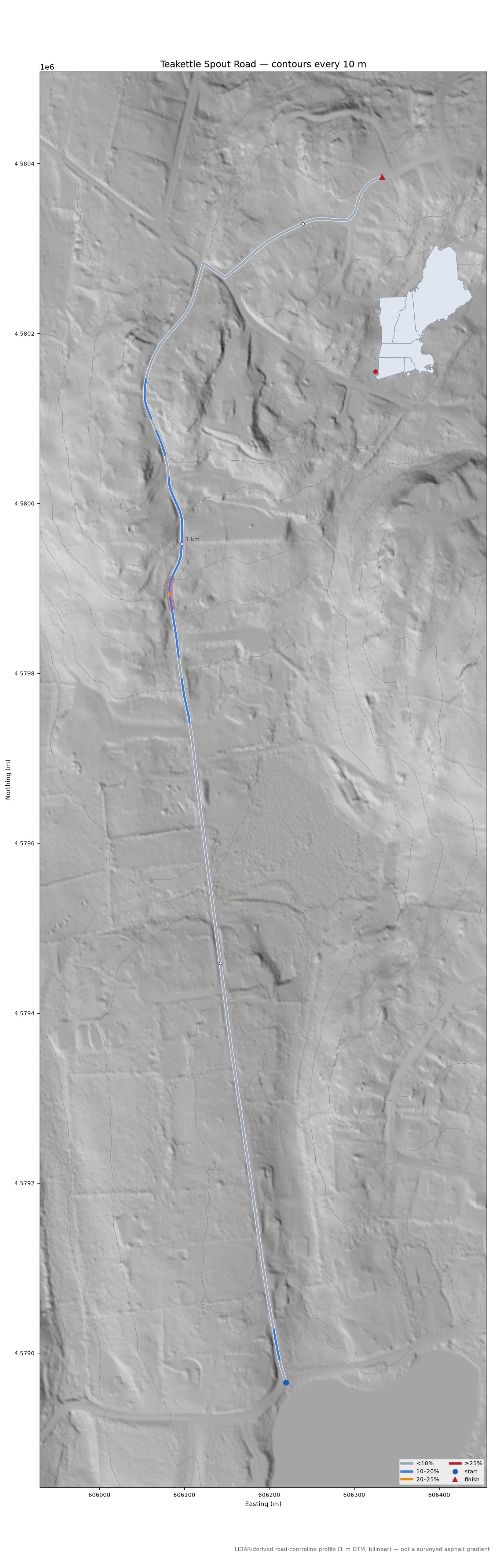 Teakettle Spout Road LiDAR hillshade map with contours