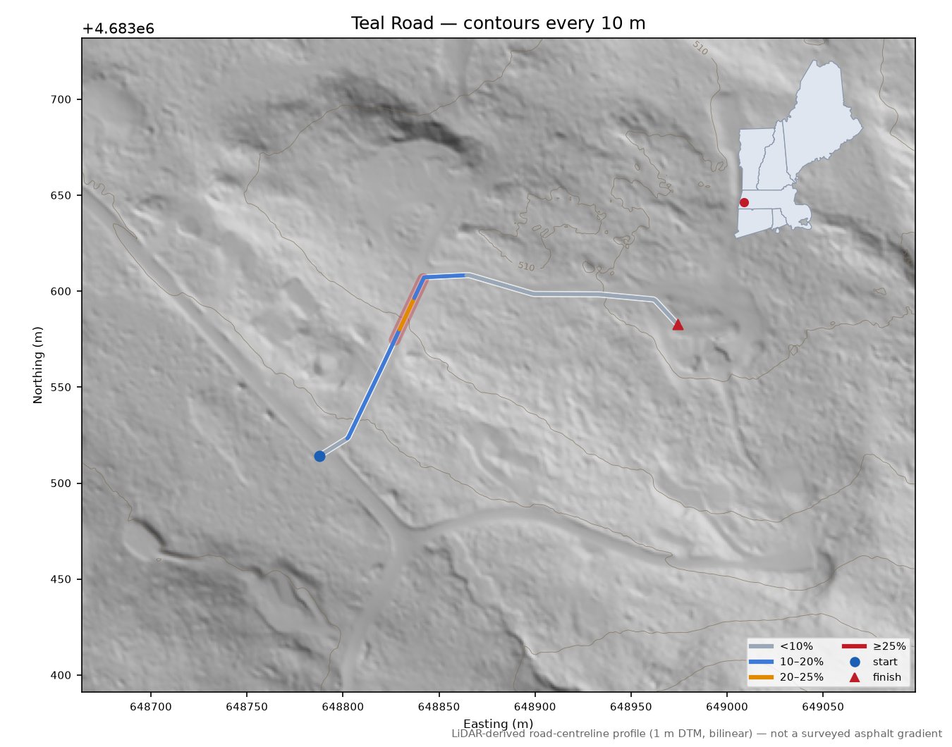 Teal Road LiDAR hillshade map with contours