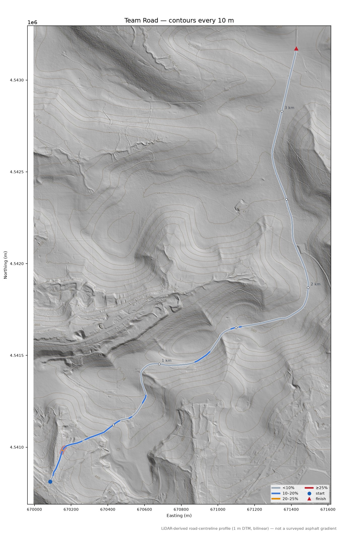 Team Road LiDAR hillshade map with contours