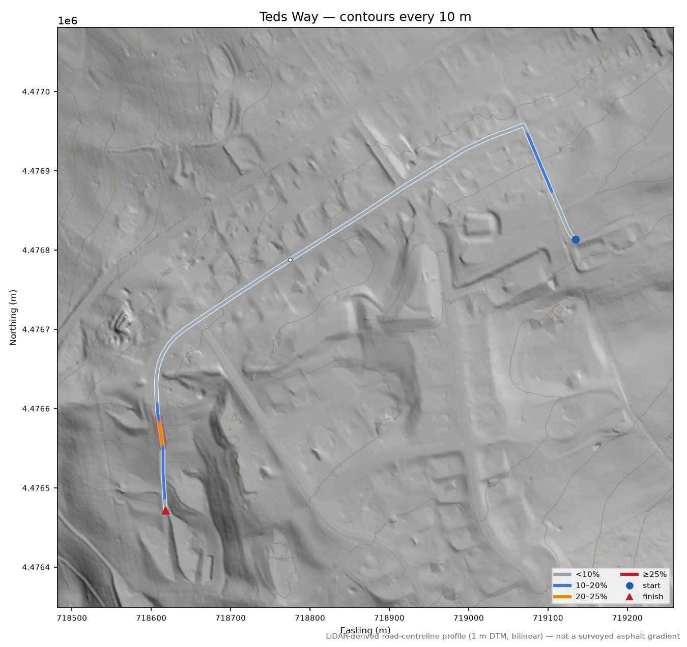 Teds Way LiDAR hillshade map with contours