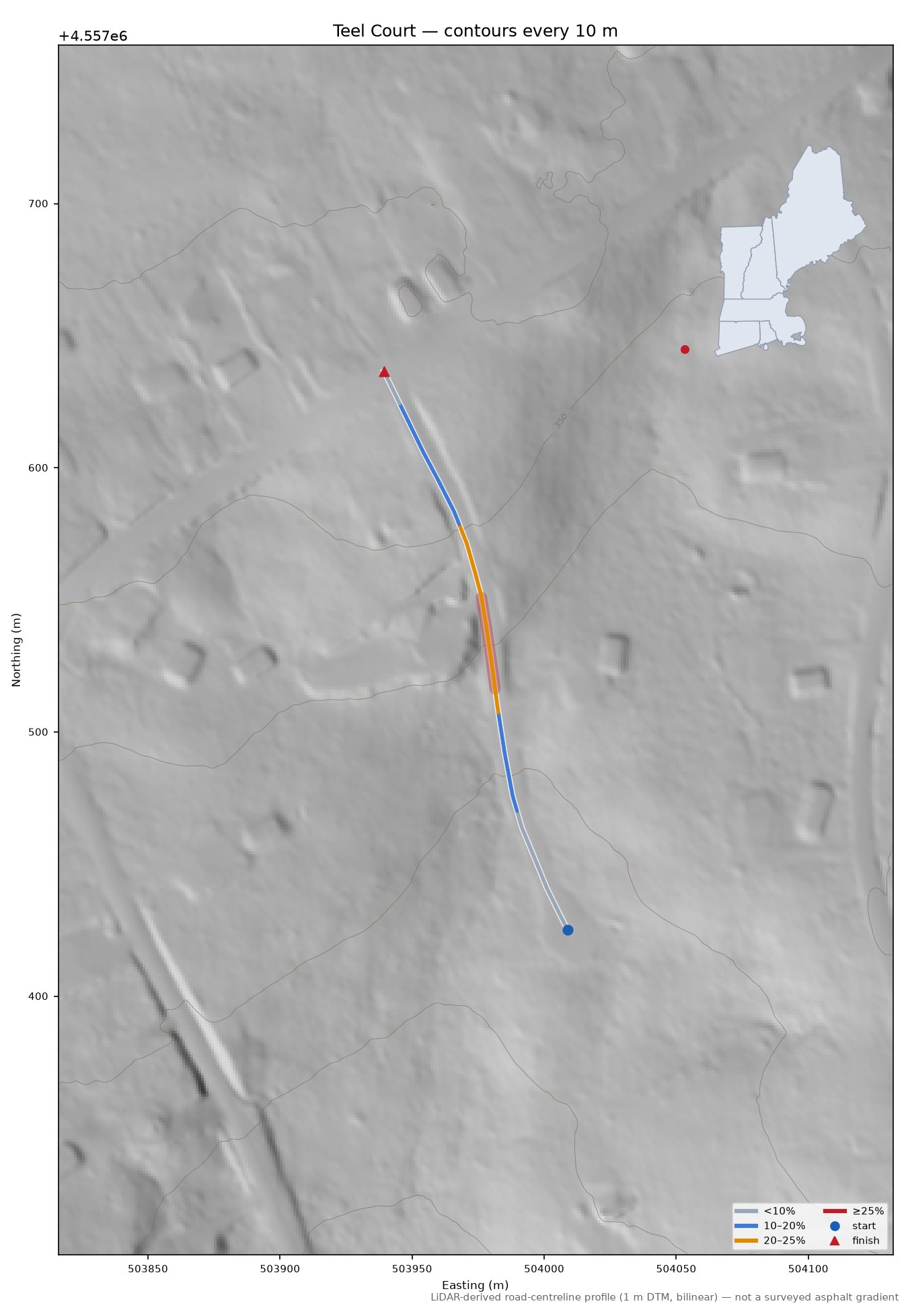 Teel Court LiDAR hillshade map with contours