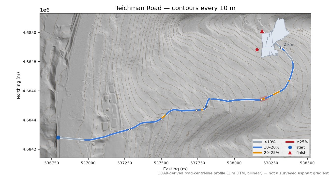Teichman Road LiDAR hillshade map with contours