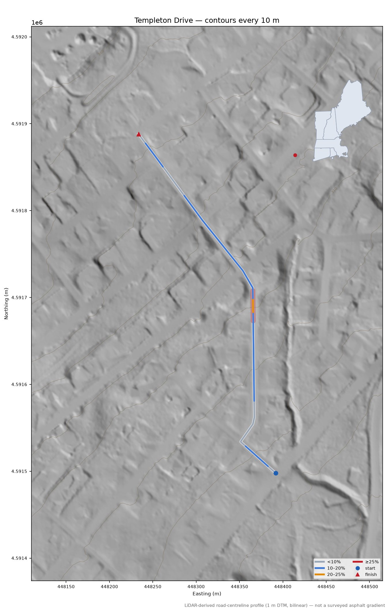 Templeton Drive LiDAR hillshade map with contours