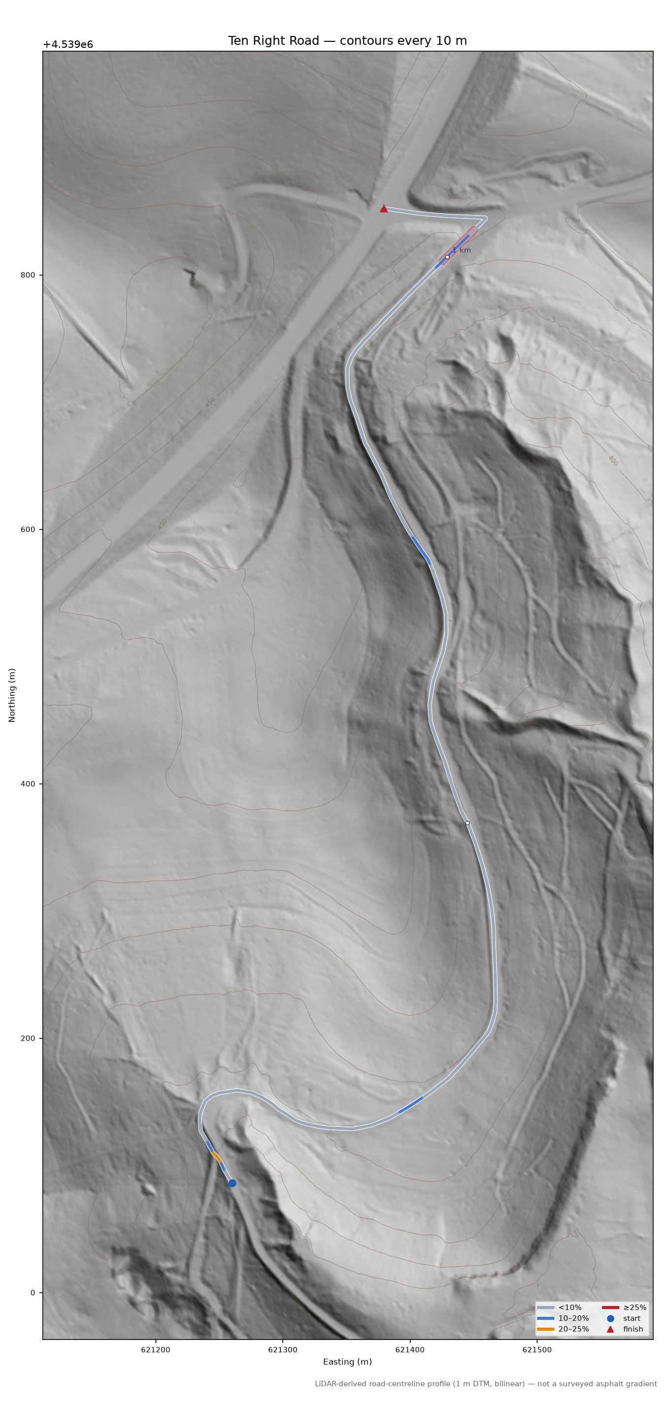 Ten Right Road LiDAR hillshade map with contours