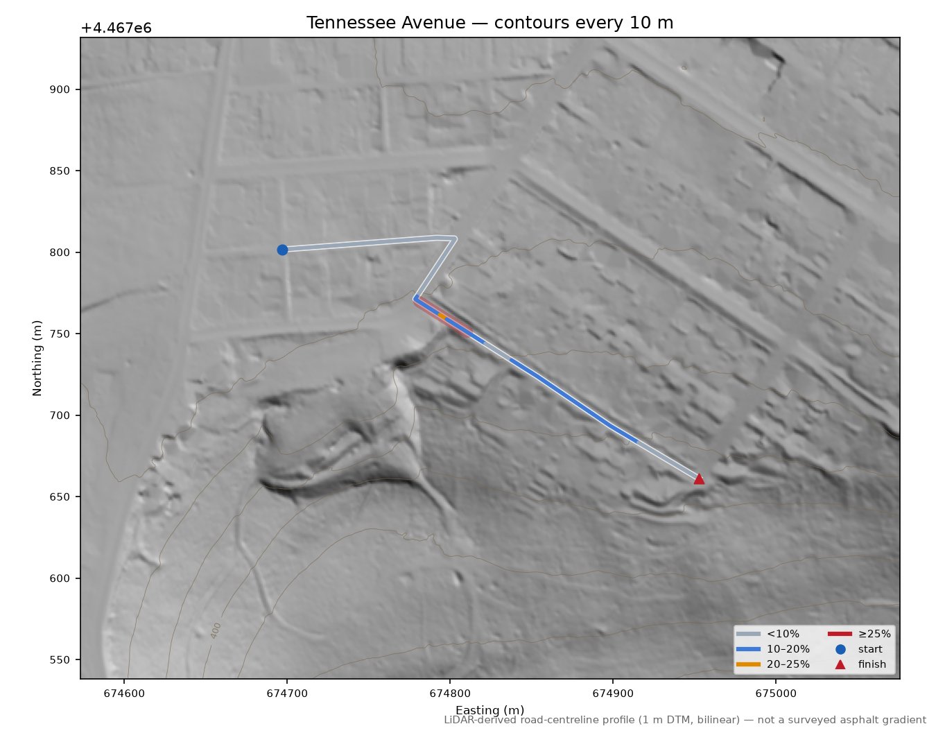 Tennessee Avenue LiDAR hillshade map with contours