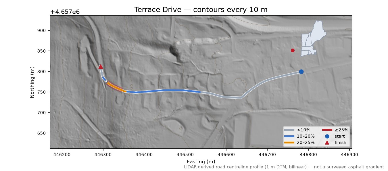 Terrace Drive LiDAR hillshade map with contours