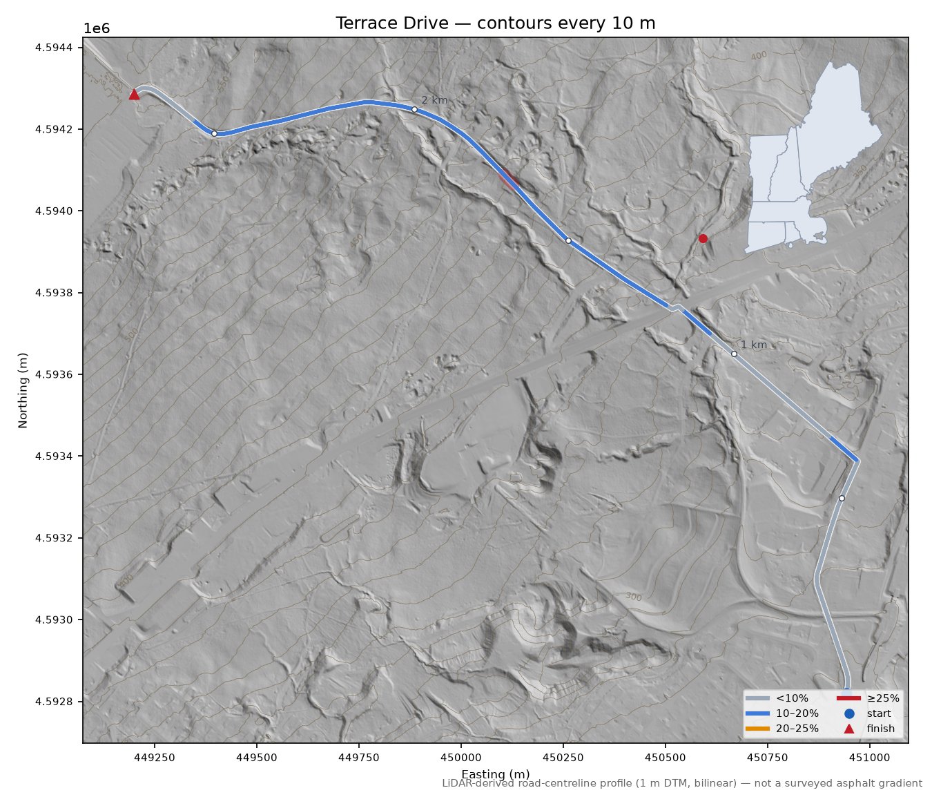 Terrace Drive LiDAR hillshade map with contours