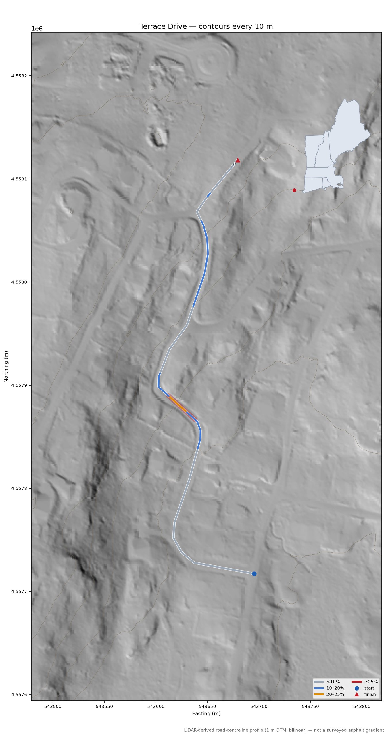 Terrace Drive LiDAR hillshade map with contours