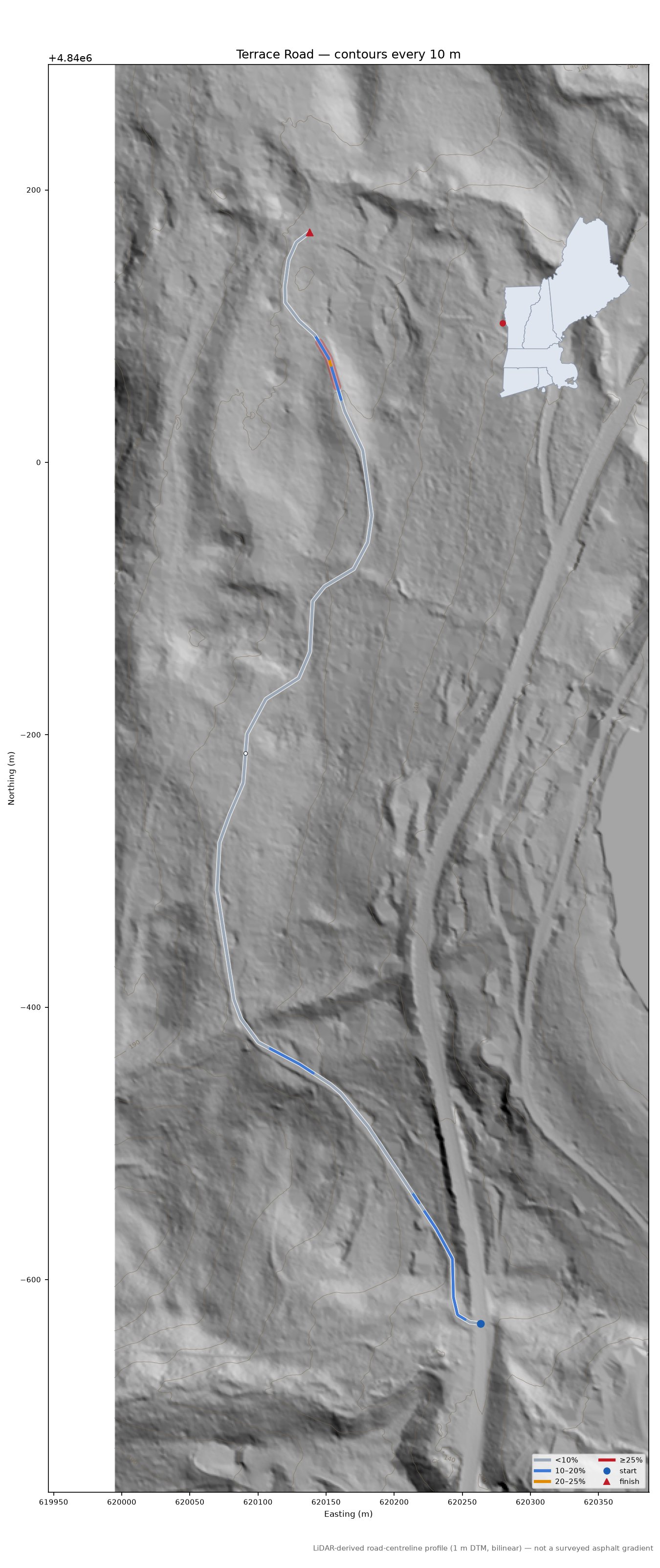 Terrace Road LiDAR hillshade map with contours