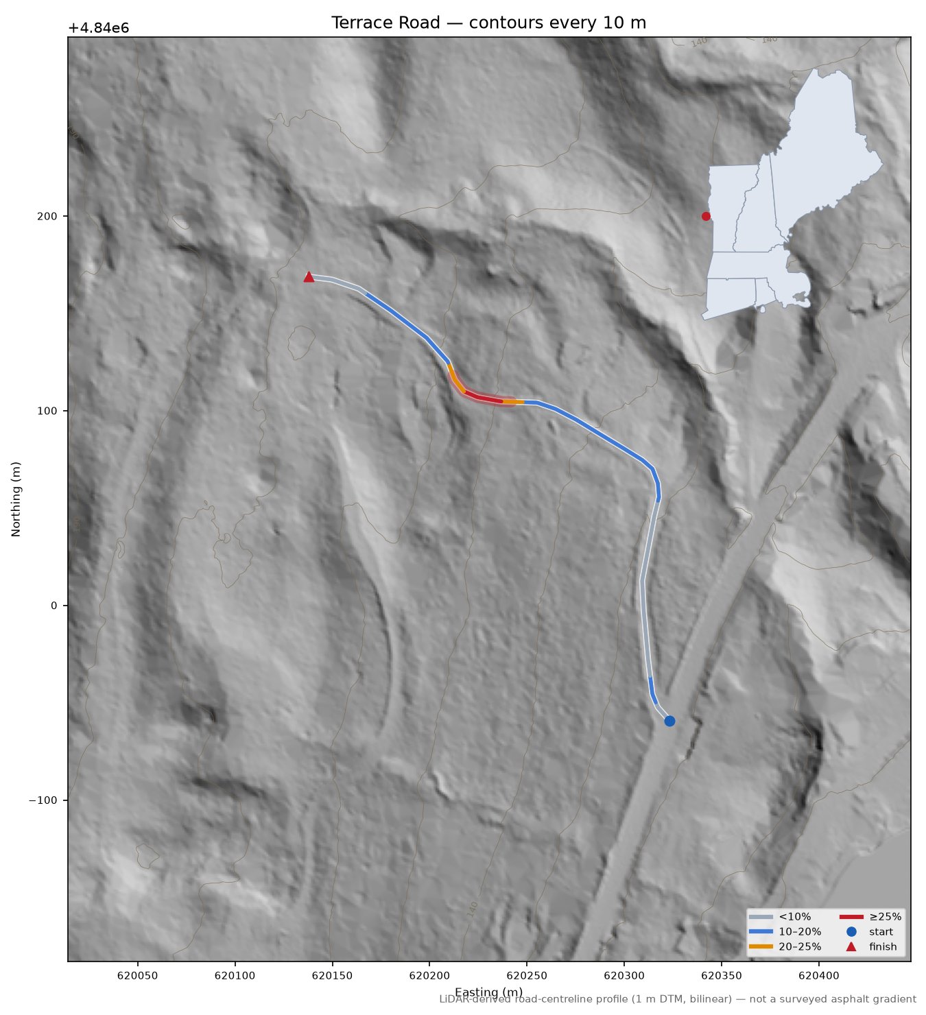Terrace Road LiDAR hillshade map with contours