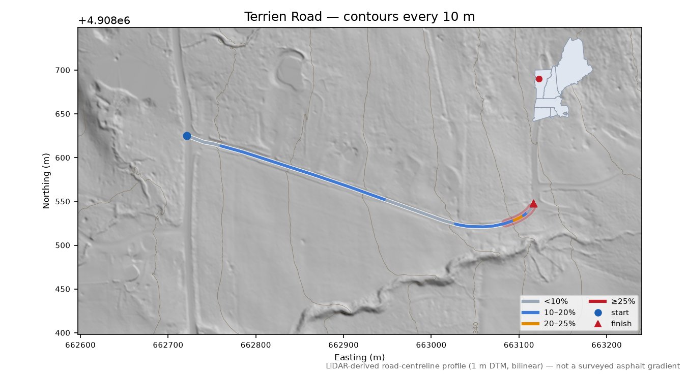 Terrien Road LiDAR hillshade map with contours